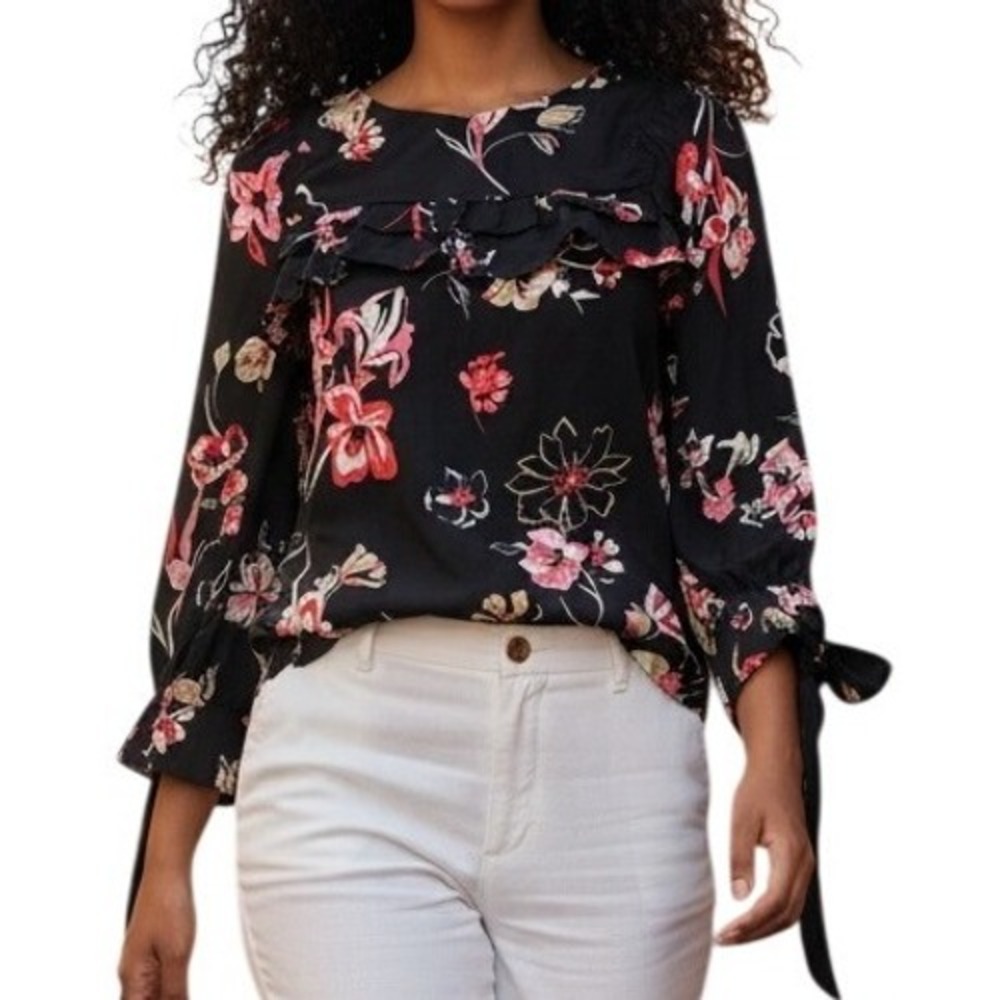 MAX Floral Ruffle Front Blouse Black Red Pink Grommet Tie Cuff Top NWOT Size 8‎